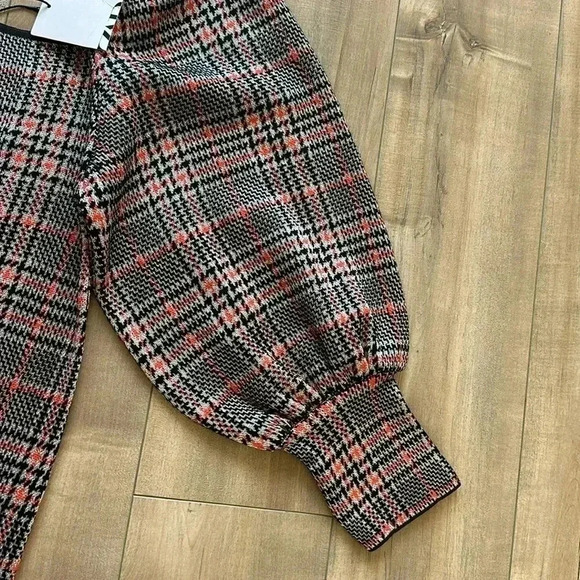 NWT Zara Bodycon Houndstooth Plaid Knit Dress Boat Halter Neck Black/Orange Sz L - Picture 13 of 16